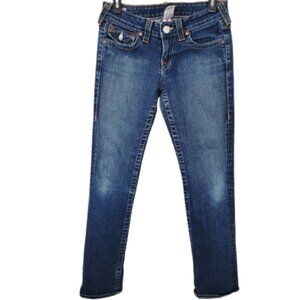 True Religion Women's Blue Billy Dark Wash Low Hemmed Straight Denim Jeans Sz 27